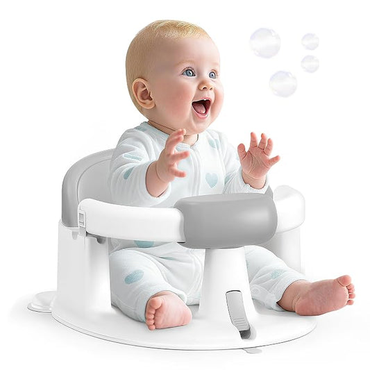 Baby Bath Seat for Babies Sitting Up, Non-Slip Baby Bath Chair with Strong Suction Cups, Lockable Armrest & High Back 360° Safety Support, Ideal for Active Toddlers 6-24 Months, Gray