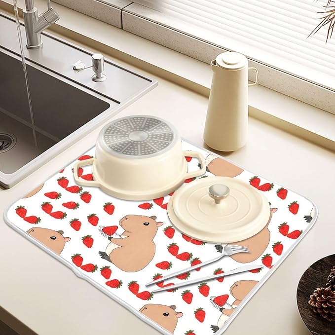 Cute Capybara Strawberry Dish Drying Mat, Absorbent Drainer Mats for Kitchen Counter Coffee Maker 24"x18"