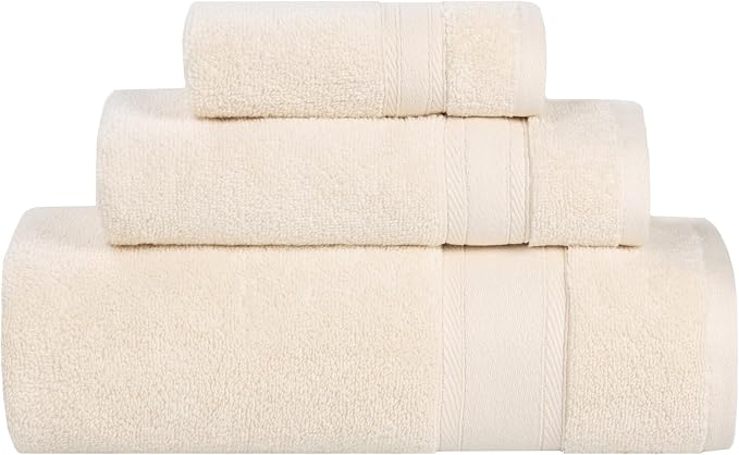 Superior Belmont Zero Twist Cotton Medium Weight Towels, for Guest Bath, Bathroom, Shower, Spa, Plush, Quick Dry, Ultra-Soft Towels, Bath Essentials, Thick Border, 3 Piece Assorted Towel Set, Ivory