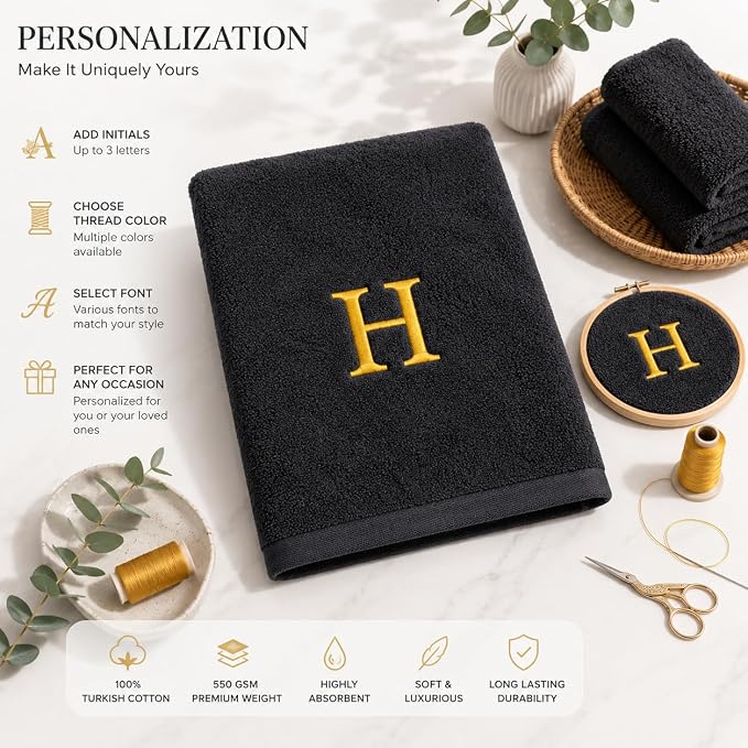 Personalized Towels - Customized Turkish Bath Towel - Cotton Towel Set -Monogrammed Towels with Initials Name Embroidery - Idea (Anthracite, Bath Sheet Oversized 1pc)