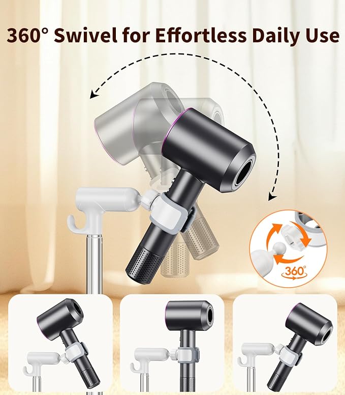 Hair Dryer Stand Hands Free, 360° Rotation White | Anti-Slip Stable Base, Aluminum Alloy, Adjustable Height 17-51 Inch, For Families & Pet Grooming
