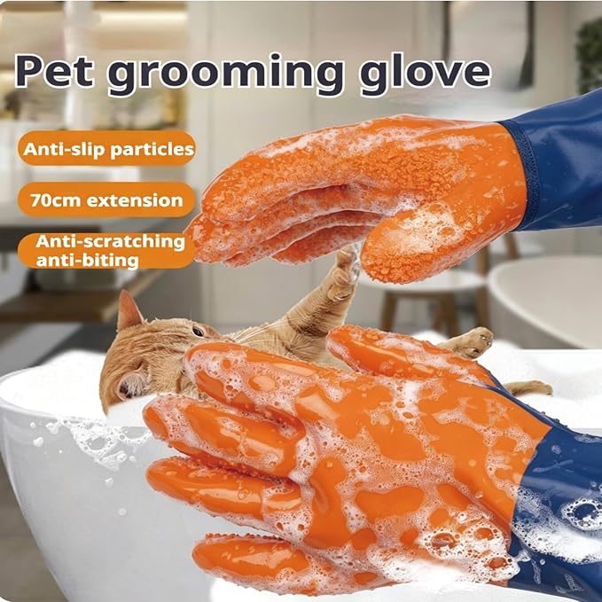 YOFANG Pet Grooming Washing Gloves,27.2" Extra Long Waterproof Rubber Bathing Gloves for Dogs & Cats,Anti-Bite & Anti-Scratch Hair Removal Cat Bath Gloves with 3000+ Massage Particles,Orange/Dark Blue