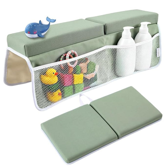 Bath Kneeler and Elbow Rest Pad Set, Green 1.6" Thick Comfortable Kneeling Cushion with Organizer Pockets - Quick Drying, Foldable, Non-Slip for Bathing Time