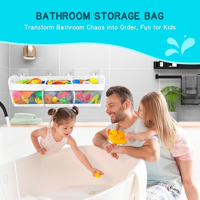Bath Toy Storage and Organizer – 3-Compartment Hanging Bathtub Toy Holder with Bottom Zipper, Quick-Drying Mesh Bag, Ideal Bath Toy Holder for Easy Access and Sorting of Toys