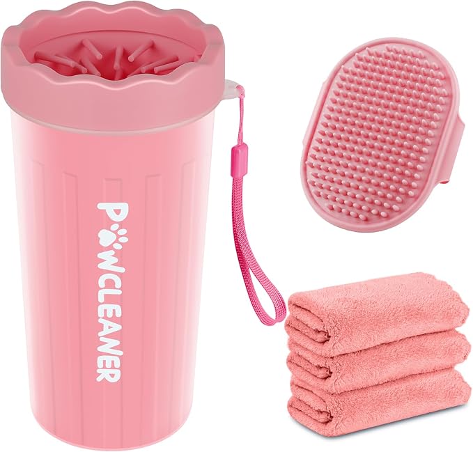 Dog Paw Cleaner for Dogs, (with 3Pcs Absorbent Towels & Adjustable Bath Brush) Dog Paw Washer, Pet Foot Cleaner (Pink, Large)
