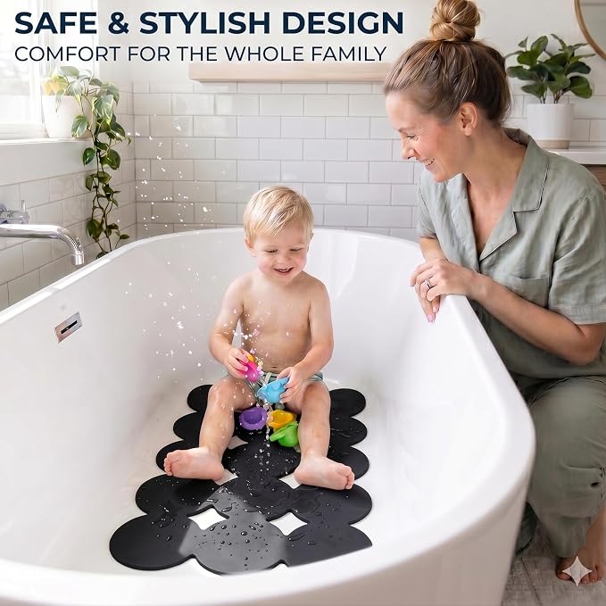 Webos Patented Non Slip Bathtub Mat Shower Mat Bath Mat Tub Mats with Strong Suction Cups Soft Natural Rubber Bath Mat for Inside The tub (Circle-Black, 28x16 inch)
