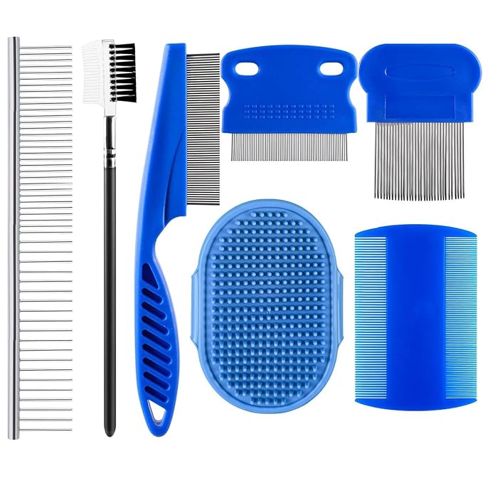 7 Pack Pet Flea Comb & Grooming Set for Dogs Cats, Stainless Steel Lice Combs with Rounded Teeth Tear Stain Remover & Silicone Bath Massage Brush Tick Removal Tool for Small Pets