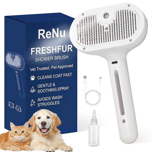 Fresh Fur Shower Brush,3 in 1 Pet Steam Brush,Spray Hair Removal Comb for Cats ＆ Dogs - Deshedding＆ Grooming (White)