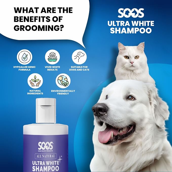 Soos Ultra White Hypoallergenic Shampoo for Dogs & Cats - Natural White Brightening Formula, Gentle & Moisturizing Pet Wash for Sensitive Skin - 500ml