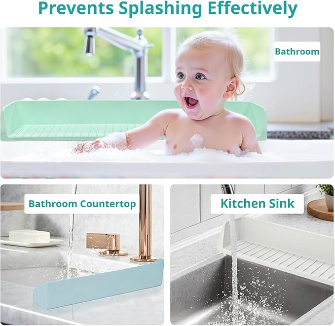 Bathtub Splash Guard for Kids – Silicone Bath Tub Splash Guard with Suction Cups, Play Shelf & Toy Holder, Fun Bath Time for Toddlers Baby (Green)