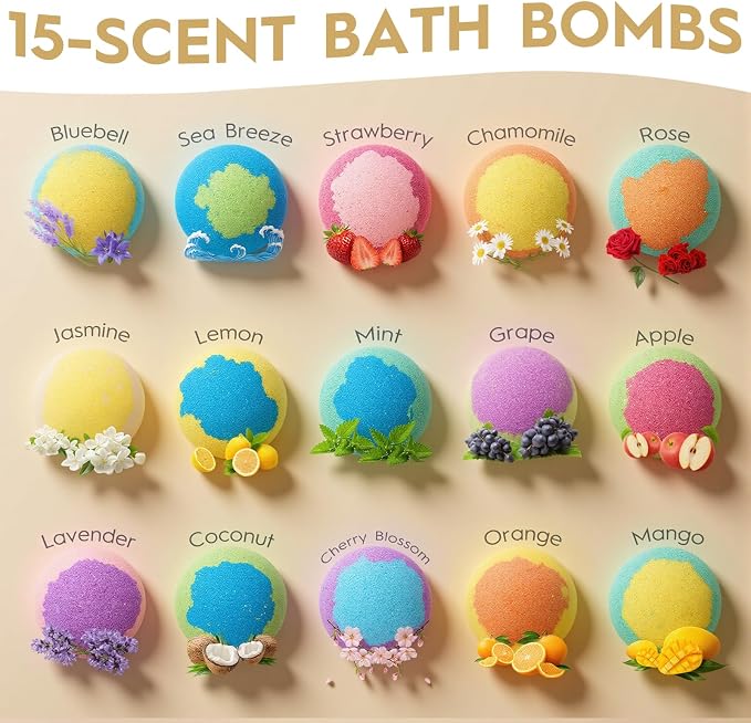 Bath Bombs Gift Set for Women - 15 Pack Handmade Organic Bath Bombs with Essential Oils & Shea Butter, Natural Relaxing Spa Bubble Bath Fizzies, Birthday Gifts for Mom, Wife, Her