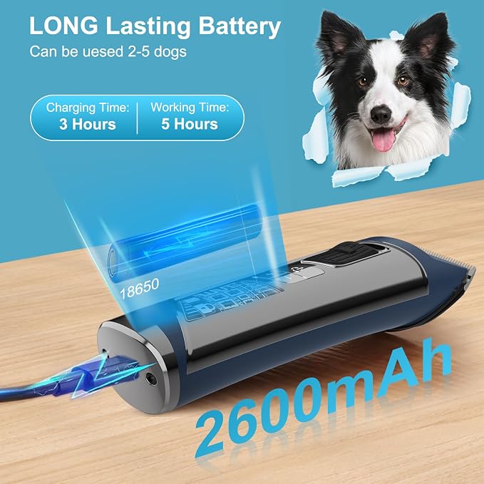 Dog Clippers for Grooming, 5 Speed & Self-Sharpening Blade, Cordless Low Noise Rechargeable 2600mAh 5H Runtime, LCD Display, 6 Guide Combs for Dogs Cats(Blue)