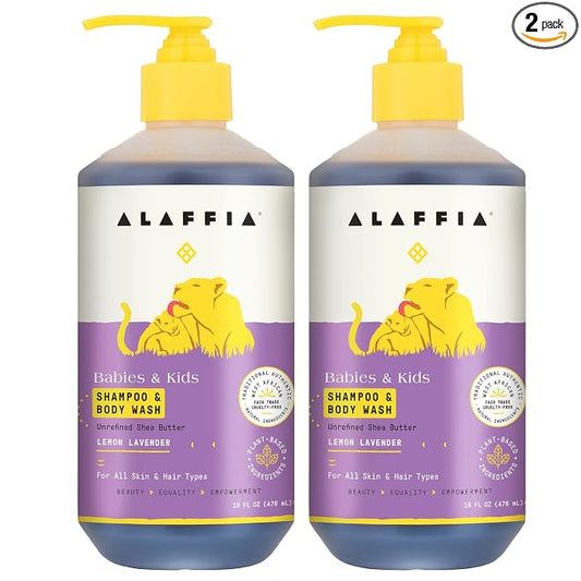 Alaffia Babies and Kids Shampoo and Body Wash, Gentle and Calming Support for Soft Hair and Skin with Shea Butter, Neem, and Coconut Oil, Fair Trade, Lemon Lavender 2 Pack – 16 Fl Oz Ea