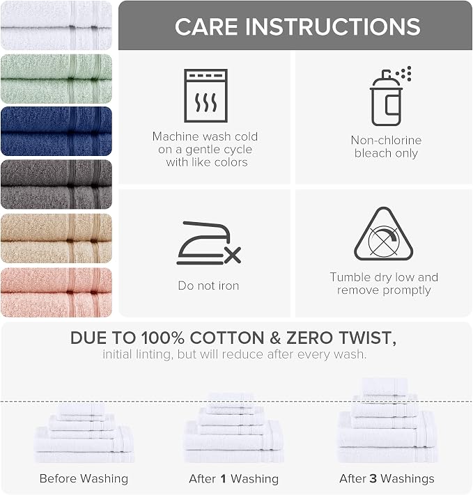 Comfort Spaces 6 Pc Towel Set, 100% Cotton Zero Twist, White | Zero Twist Cotton, Quick Dry Ultra Soft, 2 Bath 2 Hand 2 Washcloth, Absorbent Lightweight Towels for Everyday