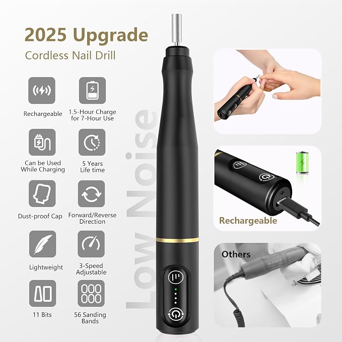 TUOBEO Cordless Nail Drill Electric Rechargeable File Kit, Professional Efile Acrylic Gel Nail Polish Remover Pedicure Manicure Machine Portable Set with 11 Bits 56 Sanding Bands for Salon Black