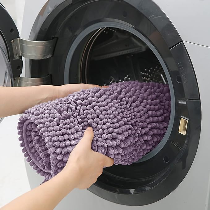 ACCUMTEK Striped Lavender Bathroom Rug Mat Set 2 piece 32"x20"+60"x20" Ultra Soft, Non Slip Chenille Bath Rugs, Absorbent Plush Shaggy Bath Mats for Bathroom, Bedroom, Kitchen, Shower, Tub