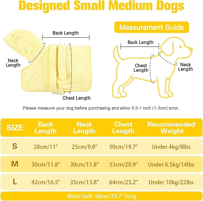 Dog Bathrobe Towel with Hood Super Absorbent Pet Bath Robe for Small Medium Dogs Quick Drying Doggy Bath Towel Coat with Adjustable Waistband Soft Pet Grooming Robe (Yellow, L(up to 22lbs))