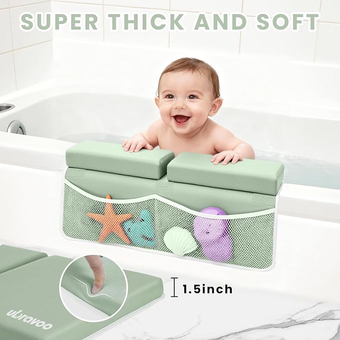 UBRAVOO Baby Bath Kneeler with Elbow Rest Pad, Non-Slip Foam Mat, Quick-Drying Cushion, Foldable Bathtub Support with Toy Storage Pockets for Parents (Green)