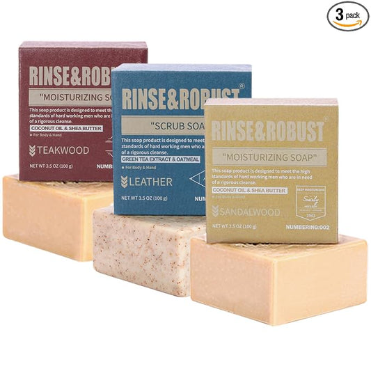 Rinse & Robust Mens Bar Soap Bath Bar Soap 3Pack Handmade Natural Soap Bar Set Cleansing Bar Moisturizing&Exfoliating Scrub Soap Gift Set for Men | Leather, Sandalwood, Teakwood | 3.5 oz of 3 Bars
