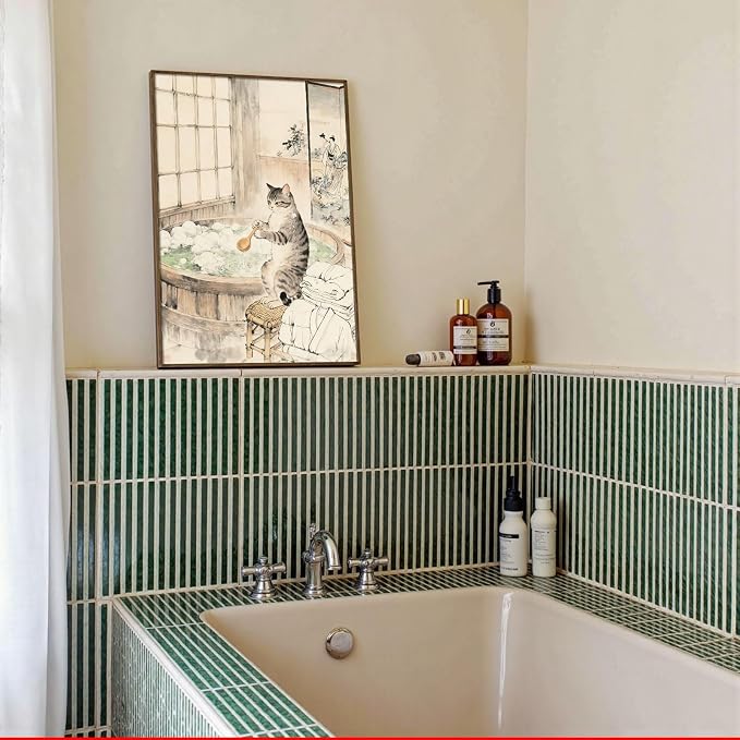 Whimsical Japanese Style Cat Hot Spring Bath Art Posters - Aesthetic Wall Prints for Home & Apartment Decor 20X30 in Wrapped Framed