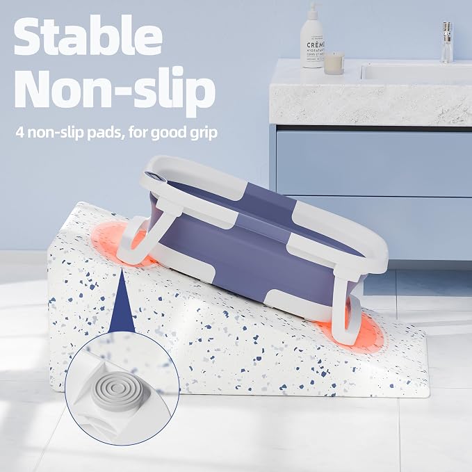 Collapsible Baby Bathtub with Thermometer, 0-36 Months, Blue | Real-time thermometer, quick drain plug, double-fold storage, PP+TPE tub, portable for home and travel