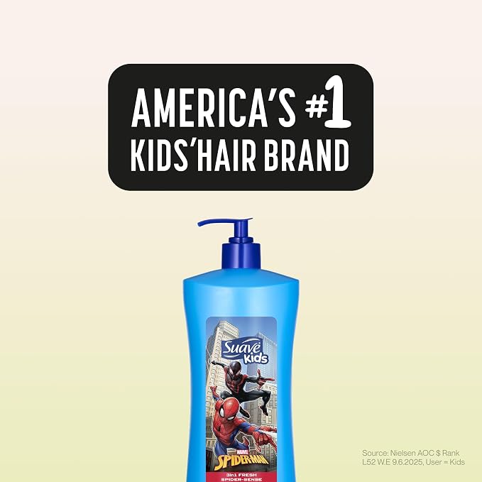 Suave Kids Marvel Spiderman 3 in 1 Shampoo, Conditioner, Body Wash, Fresh Spider Sense, Tear-Free & Gentle, Dermatologist Tested, 4 Count, 28 FL OZ Pump