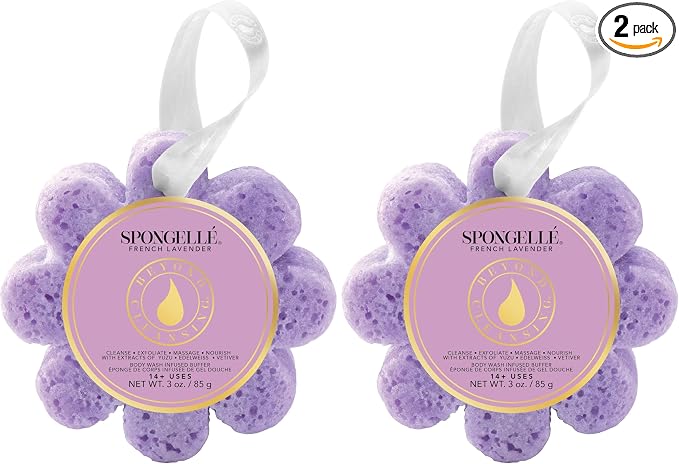 Spongellé French Lavender Wild Flower Bath Sponge | Built-in Body Wash & Body Scrubber, Shower Loofah Sponge for Women | 14+ uses (Pack of 2)