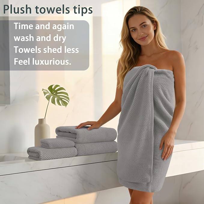 VOOVA & MOVAS Grey Bathroom Towel Sets - 100% Cotton | Lightweight | Quick Dry | Thick | Soft, 6 Piece Towel Set, 2 Large Bath 30"x56", 2 Hand 18"x28", 2 Washcloths 13"x13", Bathroom Essentials, Gray