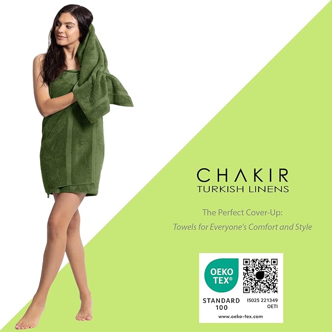 Chakir Turkish Linens Personalized 3 Piece Towel Set, 100% Cotton Luxury Turkish Towels for Bathroom, Soft Absorbent Towel Set with Bath Towel Hand Towel and Washcloth, Moss