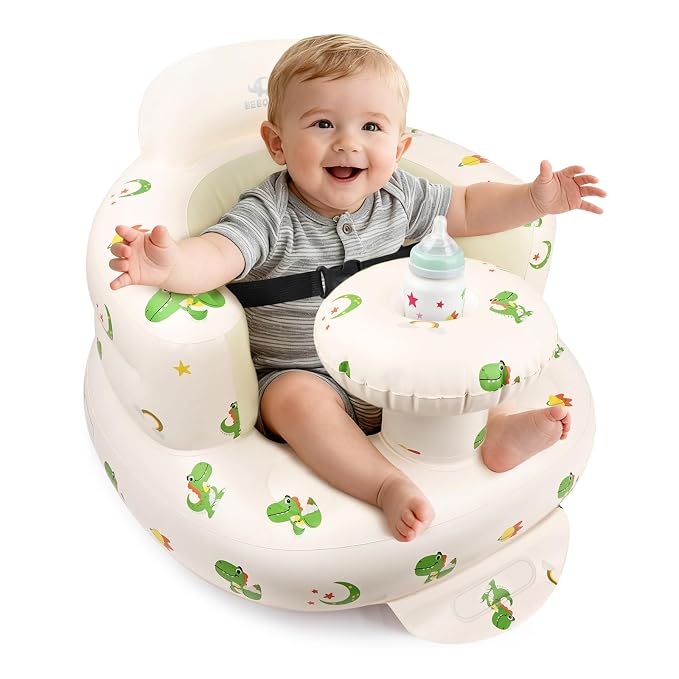 BEBOAN Inflatable Baby Seat with Tray for 3 Months Up Baby, Portable Upseat Baby Chair with Safety Strap for Sitting Up, Foldable Blow Up Infant Seat with Built-in Air Pump (Green Dinosaur)