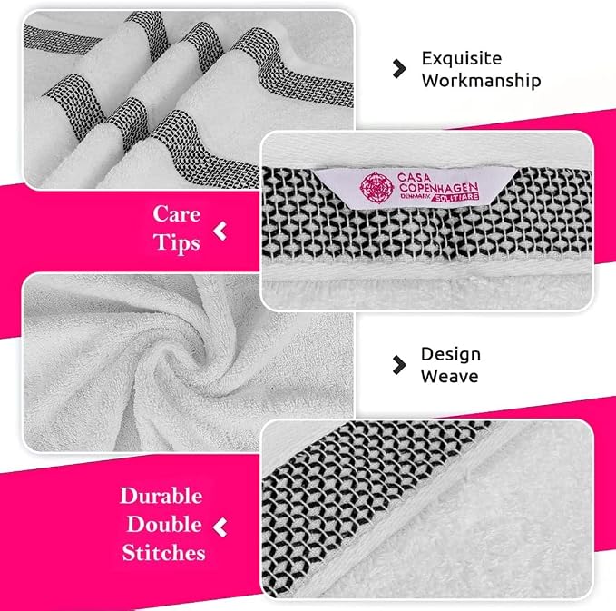 CASA COPENHAGEN Solitaire 6Pcs 100% Egyptian Cotton Large Designer Towels Gift Set- Grey Violet - White, 600GSM, 2Bath 2Hand 2Washcloths, Bath Towels for Bathroom Set for Women & Men