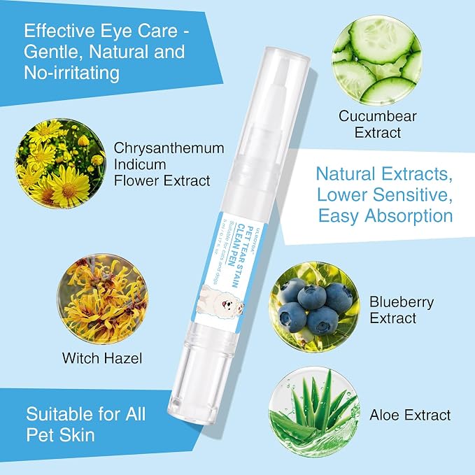 Tear Stain Remover for Dogs & Cats - Aloe Vera & Blueberry Extracts, Dog Eye Cleaner Pen for Discharge & Crust, Natural Plant-Based Pet Tear Stain Remover, Dog Grooming Supplies for Puppy & White Dogs