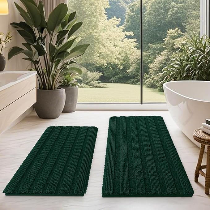 Christmas Striped Deep Green Bathroom Rug Mat Set 2 piece 32"x20"+24"x17" Ultra Soft, Non Slip Chenille Bath Rugs, Absorbent Plush Shaggy Bath Mats for Bathroom, Bedroom, Kitchen, Shower, Tub