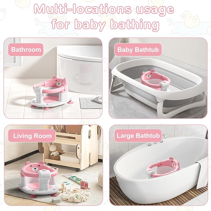 Baby Bath Seat for Babies 5-10 Months, Non-Slip Toddler Bath Seats for Babies Sitting Up, Safe Infant & Newborn Bathtub Chair with 4 Suction Cups & Soft Cushion for Shower,Pink