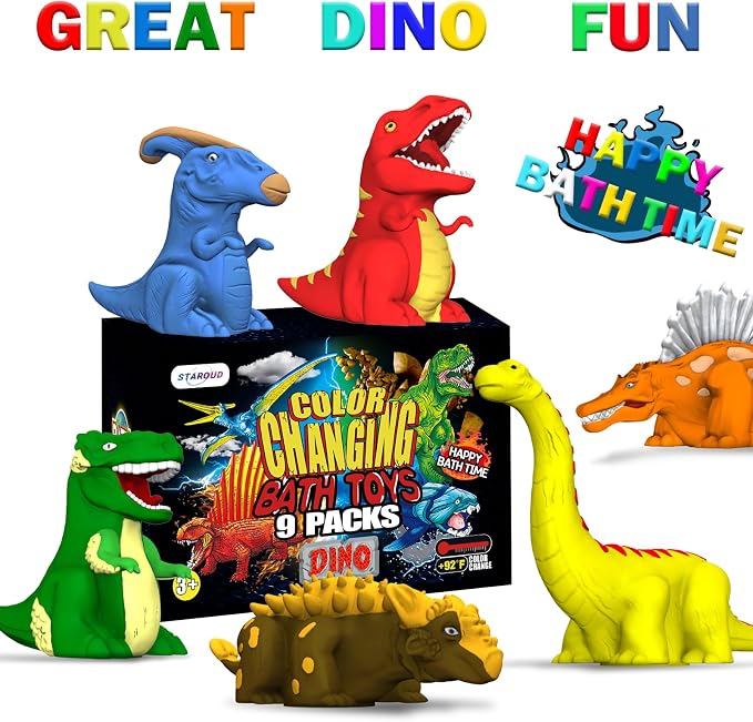 Color Changing No Hole Dinosaur Bath Toys for Kids Toddlers Baby, 9 Color Change Dinosaur Water Table Toys with 9 Floating Foam Dinosaur Toys for Kids(18 Packs)