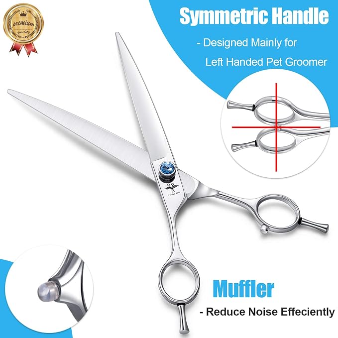 PURPLEBIRD 8 Inch Left Handed Downward Curved Dog Grooming Scissors Professional Pet Cutting Shears Safety Noiseless Blunt Tip Trimming Shearing for Dogs Cats Japanese Stainless Steel Silver