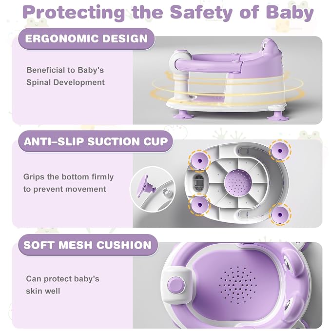 Baby Bath Seat for Babies 5-10 Months & up Non-Slip Toddler Bath Seats for Sitting Up Infant Bathtub Chair with Suction Cups and Soft Cushion for Baby Shower Tub Seat