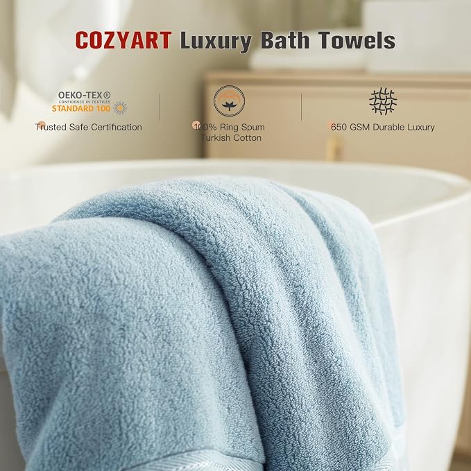 COZYART Luxury Bath Towels 4 PCS, 27x54 650 GSM Turkish Cotton, Light Blue | Zero Twist 100% Ring Spun Cotton, Fluffy, Ultra Soft, Super Absorbent, Quick Dry, Large Towels for Hotel Spa Bathroom Shower