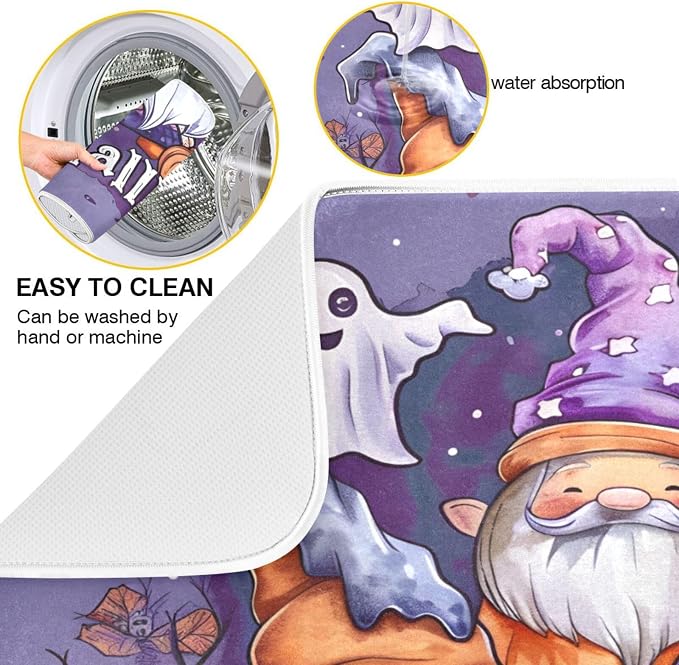 Halloween Gnome Ghosts Cute Absorbent Dish Drying Mat, Dishes Drainer Protector Pad Pot Holder for Kitchen 18 x 24 Inch