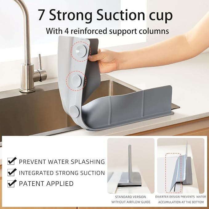 23" Ultra Silicone Sink Splash Guard Released in 2026,Self-Draining Water Splash Guard for Kitchen Sink,Bathroom and Island,with 3.5" High Splash Guard & 7 Strong Suction Cup (Grey)