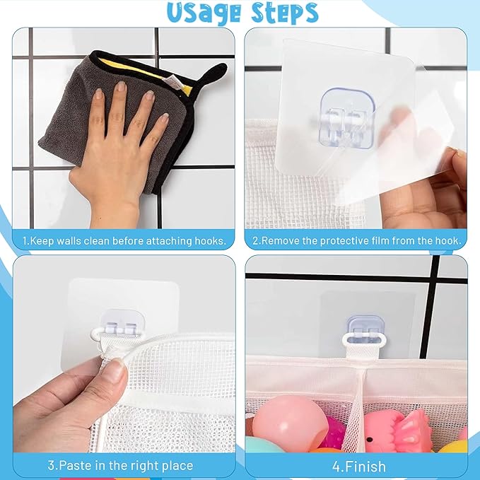 Large Bath Toy Storage, 4 Compartment Quick Drying Mesh Bath Toy Organizer with 5 Hooks, Easy Access and Sorting Large Capacity Corner Bathroom Storage, Multi Use Holder (White)
