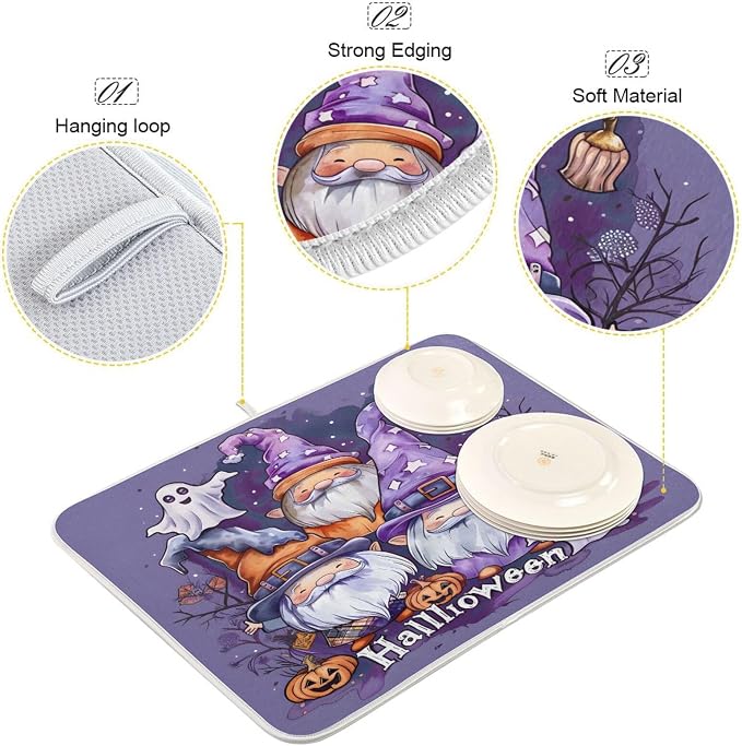 Halloween Gnome Ghosts Cute Absorbent Dish Drying Mat, Dishes Drainer Protector Pad Pot Holder for Kitchen 18 x 24 Inch
