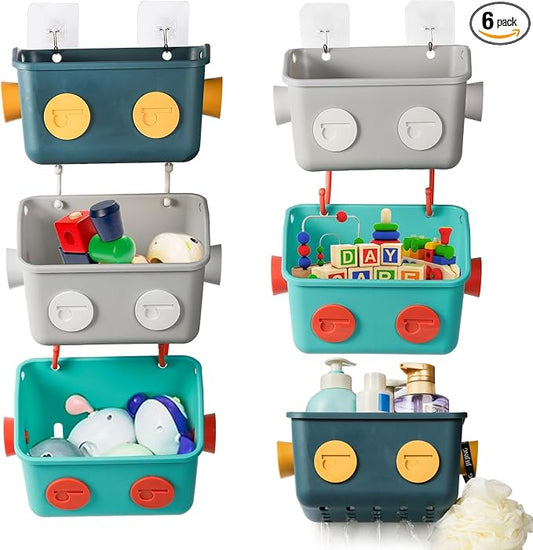 Noamus 6 Pack Bath Toy Storage Organizer Basket, 3 Layers Wall Mounted Hanging Shower Caddy, Plastic Robot Modeling Kitchen Shelf with Hook, No Drilling Colorful Toy Holder for Kid Bathtub Shampoo