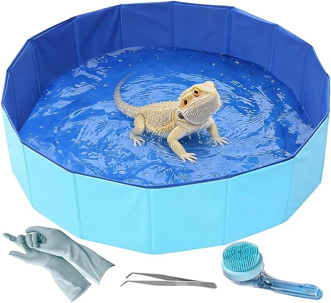 Foldable Bearded Dragon Pool Bathtub, Reptile Bath Pool Bearded Dragon Swimming Pool with Brush Gloves Reptile Accessories Swimming Pool for Turtle Lizard Small Pets