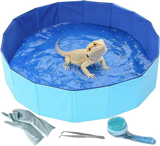 Foldable Bearded Dragon Pool Bathtub, Reptile Bath Pool Bearded Dragon Swimming Pool with Brush Gloves Reptile Accessories Swimming Pool for Turtle Lizard Small Pets