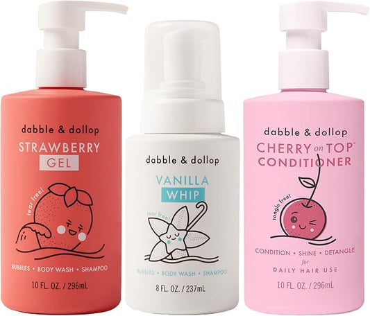 Dabble & Dollop Berry Kids Bath & Hair Care Set – Tear-Free 3-in-1 Body Wash, Shampoo & Bubble Bath + Conditioner, Paraben & Sulfate Free, Vegan, Gluten-Free, Strawberry, Vanilla & Cherry (Pack of 3)