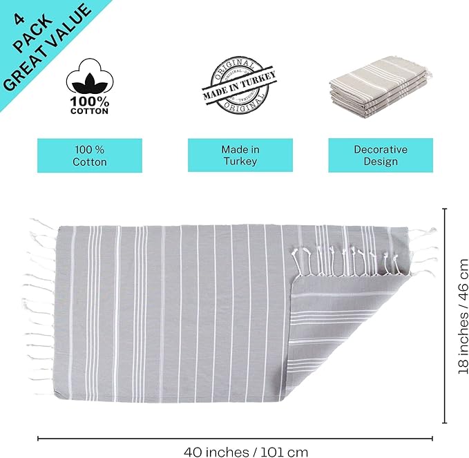 Clotho 4 Pack Silver Gray Turkish Hand Towels for Bathroom 18x40 Large 100% Cotton Soft Decorative Towel, Absorbent Lightweight Quick Dry Face Towel for Travel Hair Gym Yoga