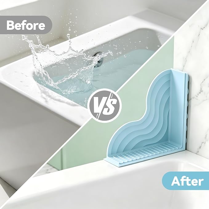 Shower Splash Guard 2-Pack – All-Silicone Bathtub Splash Guard with Strong Suction Cups, Reusable Shower Water Blocker for Bathtubs and Countertops (Blue, L-2pcs)