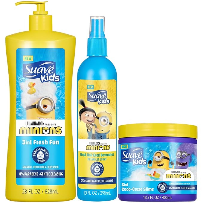 Suave Kids Minions Hair Products Bundle – 3-in-1 Coco-Craze Slime & Fun Fresh Shampoo, Conditioner & Body Wash + Detangler Spray, 28 Oz Ea (3 Piece Set)