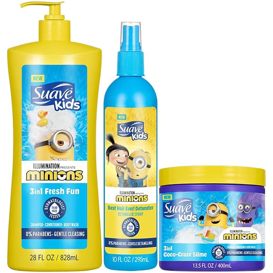Suave Kids Minions Hair Products Bundle – 3-in-1 Coco-Craze Slime & Fun Fresh Shampoo, Conditioner & Body Wash + Detangler Spray, 28 Oz Ea (3 Piece Set)